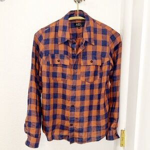 A.P.C. The Cassel💯 Linen Check Print Orange & Navy Button Down Shirt SZ: X-S